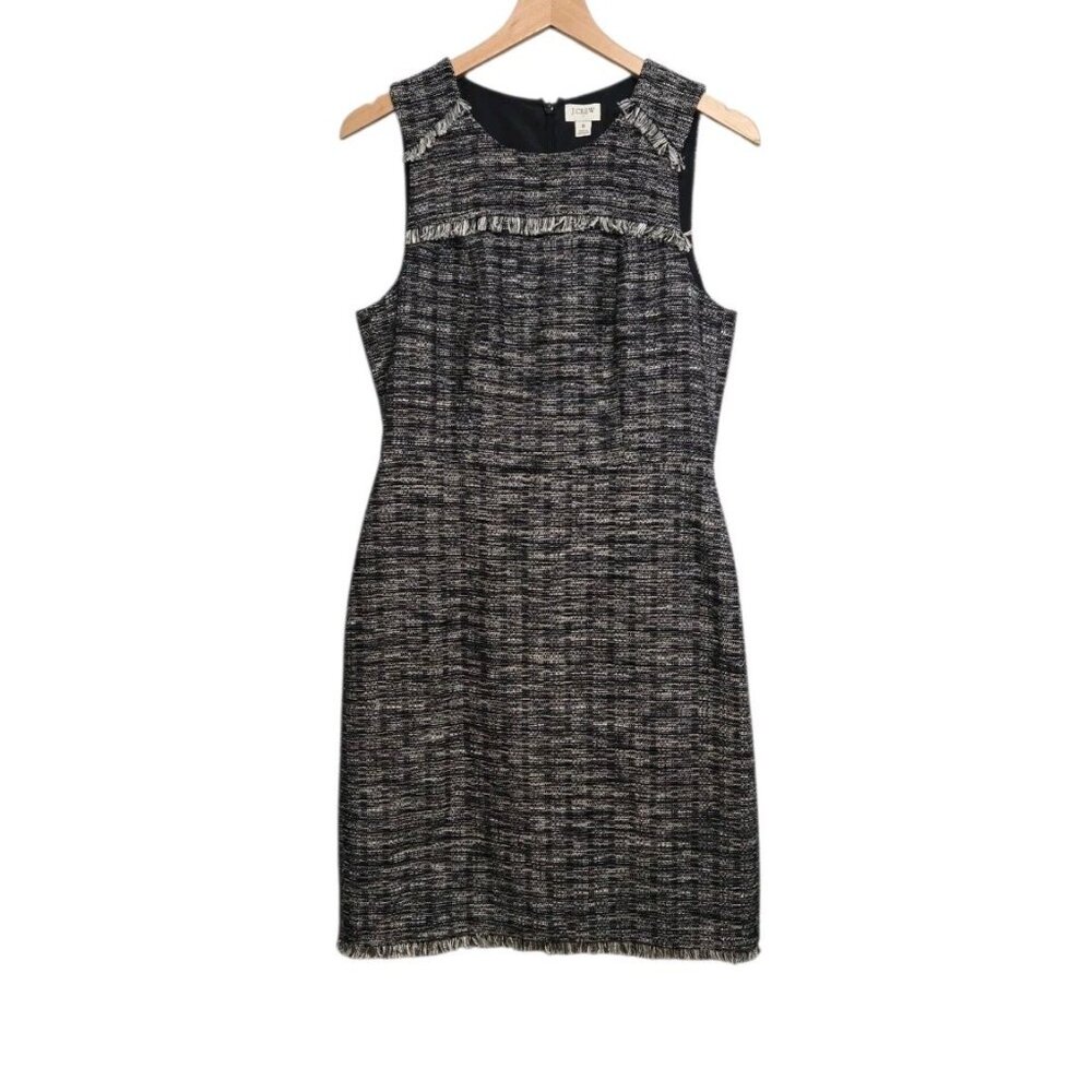 J Crew Womens Size 6 Navy Blue Metallic Fringe Tweed Sheath Dress Classic Career - Picture 2 of 8